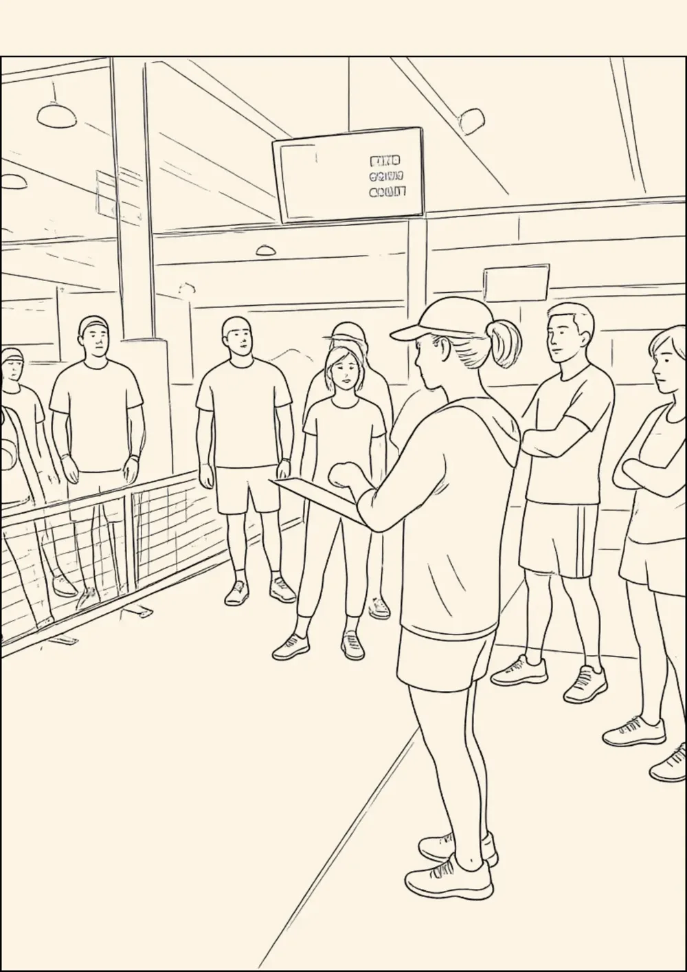 Photo-based illustration of a coach holding a clipboard and addressing a group of players gathered on a court