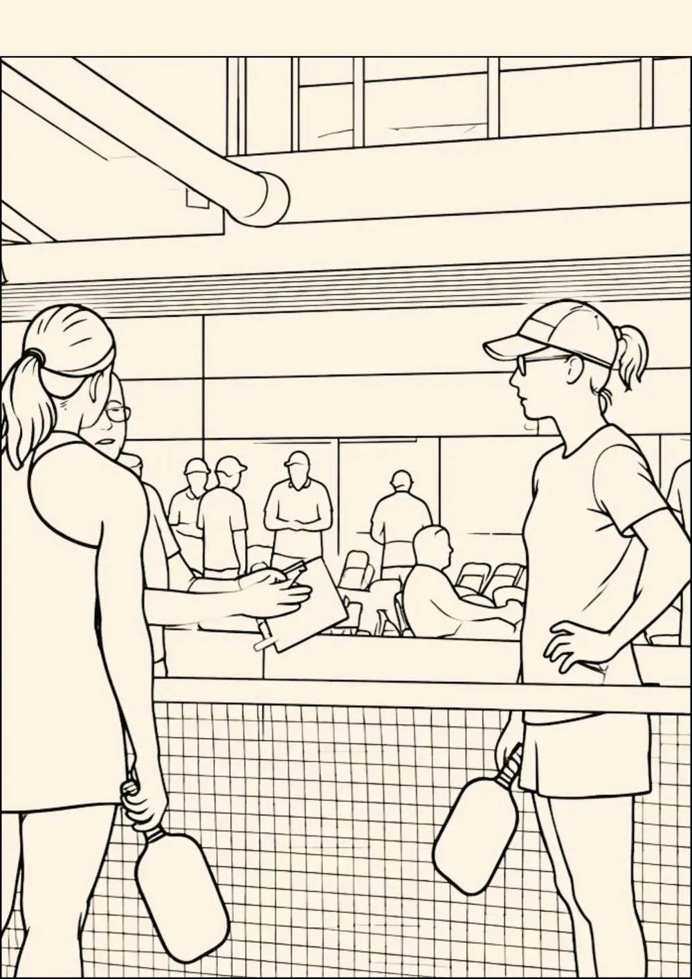 Photo-based illustration of two players at the net while an official holds out a clipboard and pen between them