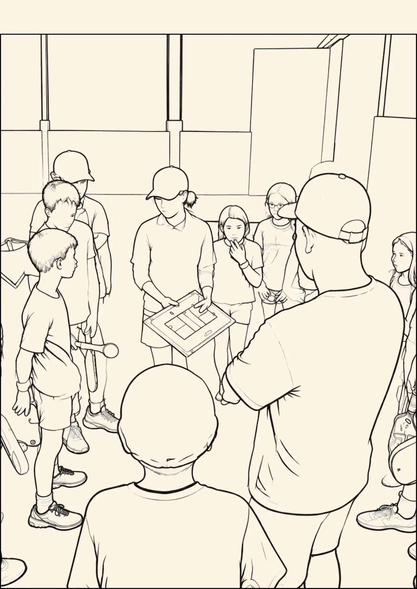 Photo-based illustration of a coach holding up a pickleball court diagram to a circle of players holding paddles